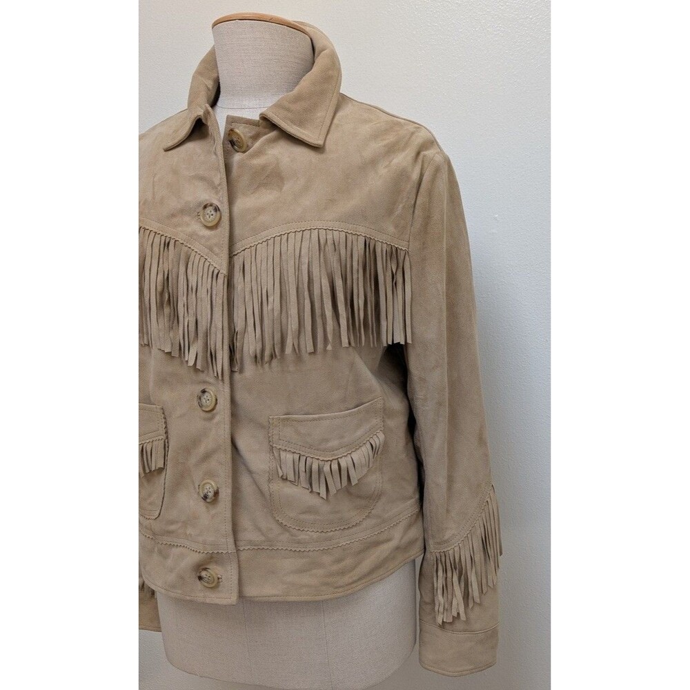 Lauren Ralph Lauren Beige Suede Fringe Varsity Jacket - Picture 3 of 7